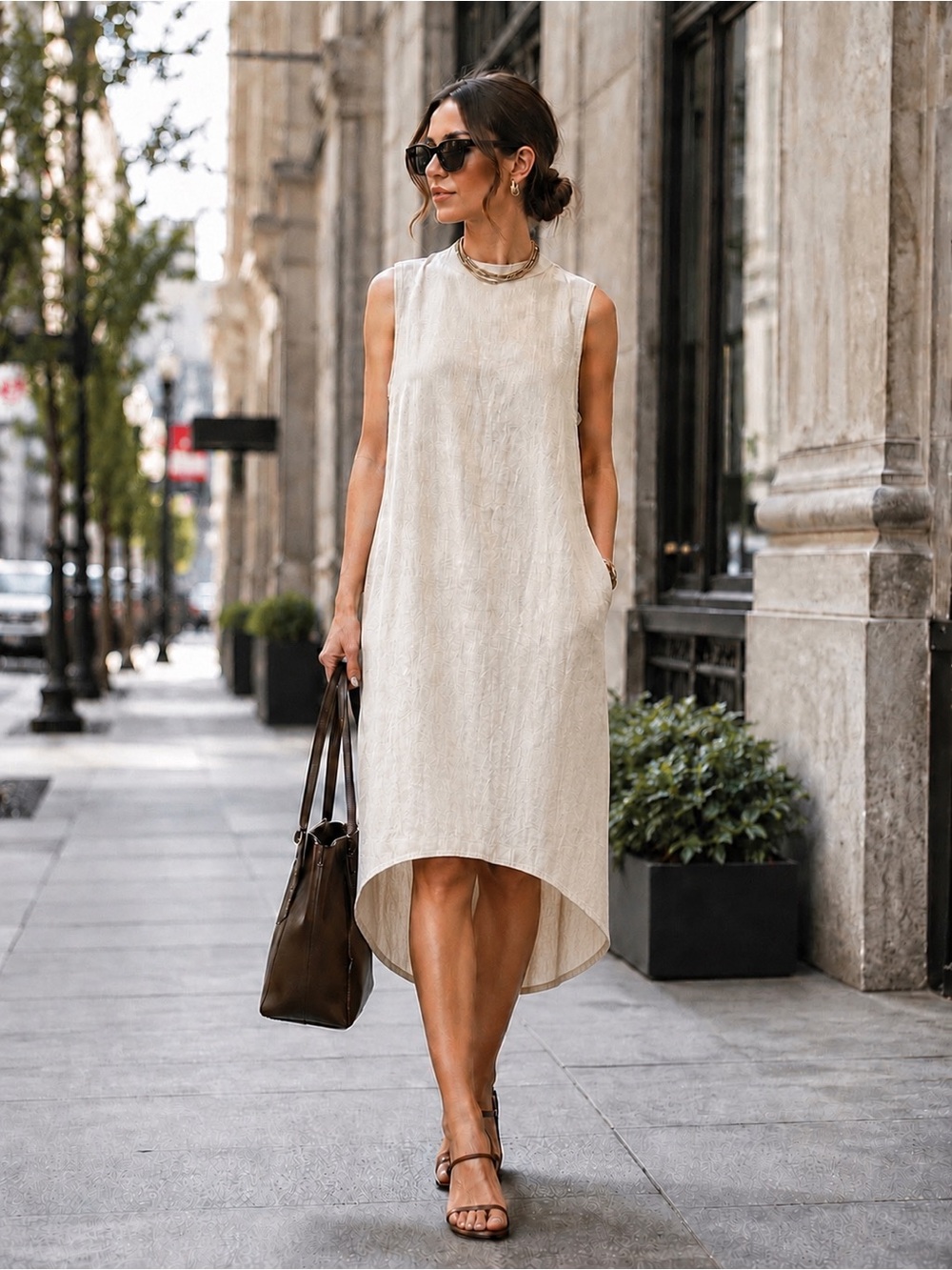 AMAZHIYU Women's Natural Neutral Sleeveless High-Low Linen Dress XL NEW